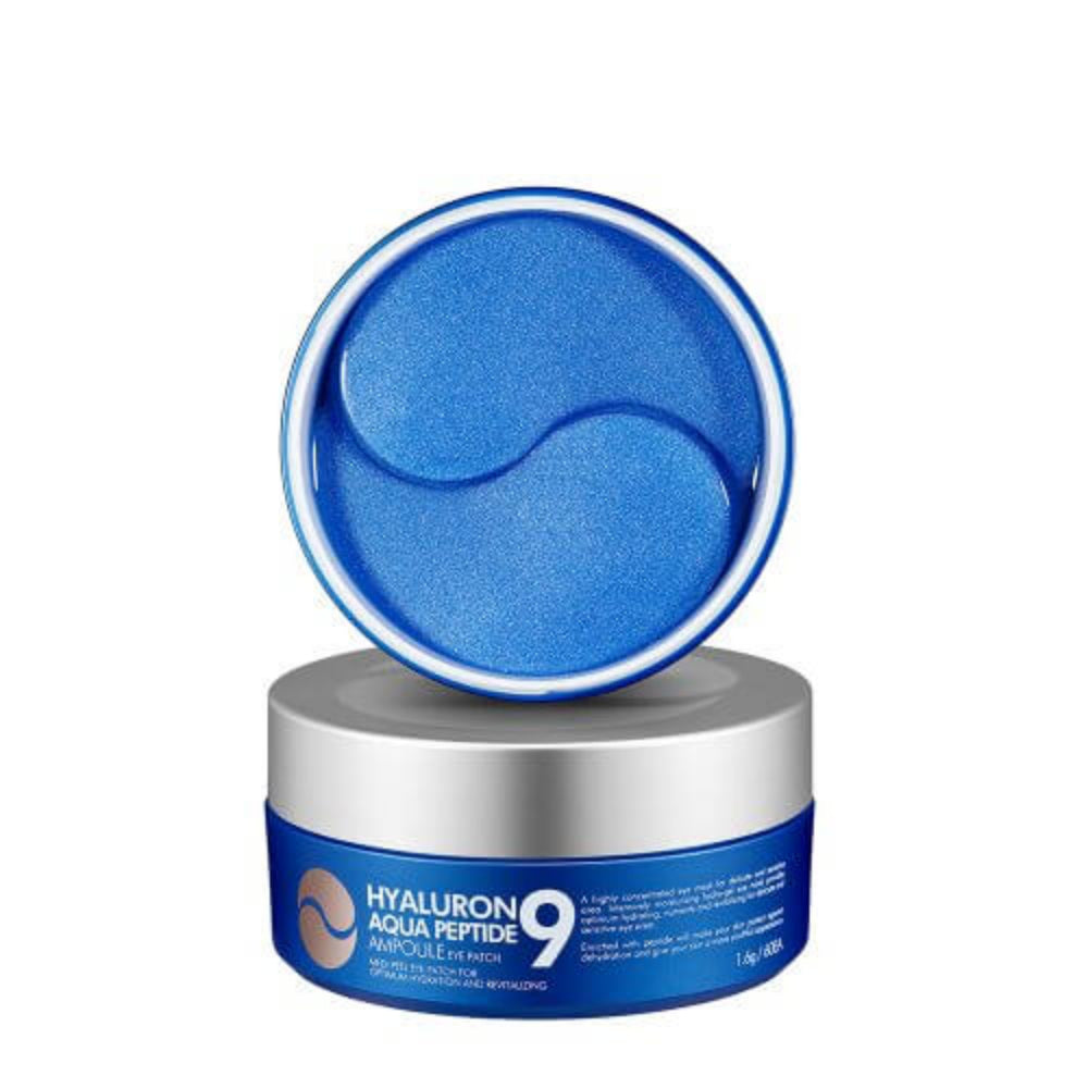 Blue eye patches in a container with 'Hyaluron Aqua Peptide 9' branding on a white background
