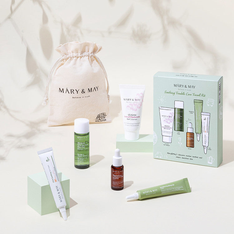 Mary &amp; May - Kit de viaje para el cuidado de molestias - 30 ml + 30 ml + 10 ml + 12 g + 12 g