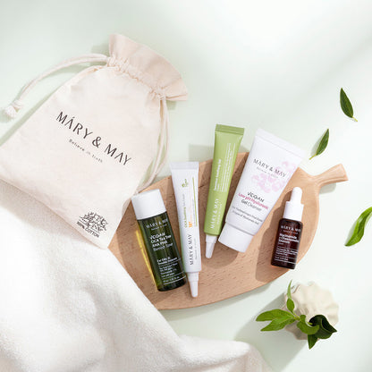 Mary &amp; May - Kit de viaje para el cuidado de molestias - 30 ml + 30 ml + 10 ml + 12 g + 12 g